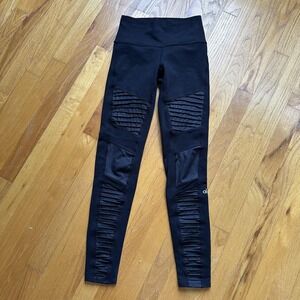 Alo Yoga Pants S Black‎ High Waist Moto Leggings Mesh Panels Activewear Workout